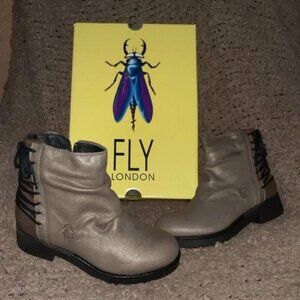 FLY LONDON-Bust-Grey/Ground Leather Ankle Boots-Side Zip-Corset Back-Sz 36-6-NEW